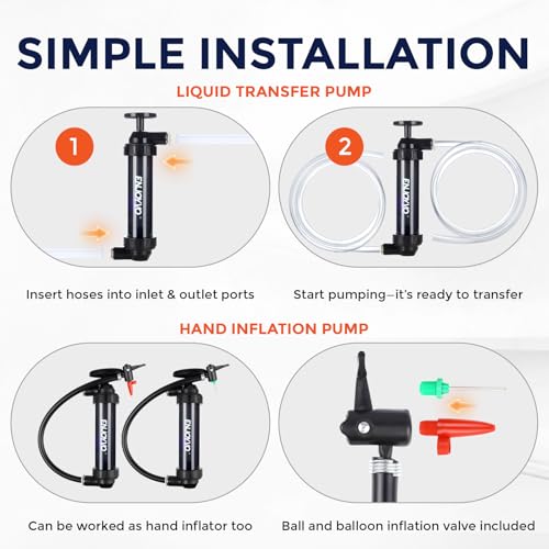Siphon Pump for Gasoline - Manual Fluid Transfer Pump with Shark-Bite Lock-on Connector, High Flow 3 Gal/Min Hand Fuel Pump for Gas Diesel Oil, Transparent Body + Air Inflator for Balls Swim Rings