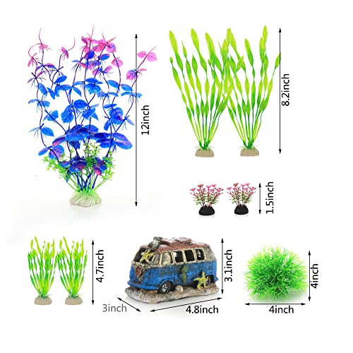 ALEGI Fish Tank Decorations Plants with Resin Cave Rock View, Aquarium Decor Accessories Plastic Plants, Fish Cave and Hideout Ornaments (Purple Set)