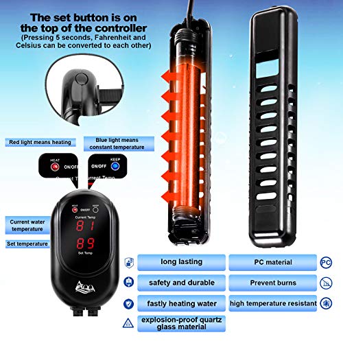 AQQA Submersible Aquarium Heater,100W/200W/300W/500W/800W/1000W/1200W Fish Tank Heater,External Temperature Controller LED Temperature Display,Suitable for Saltwater and Freshwater(200W) - size: 200W (for 45-80 gallon)
