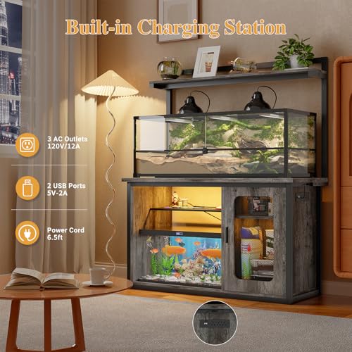 Unikito 55-75 Gallon Fish Tank Stand with Power Outlets & LED Light, Heavy Duty Aquarium Stand with Reversible Cabinet for Tank Accessory Storage, Reptile/Terrarium Stand, Black Oak
