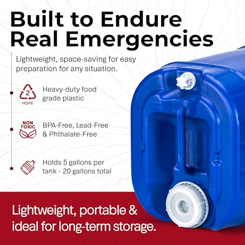 Legacy Food Storage Emergency Water Storage Containers, Long Term 5 Gallon Water Tank - 4 Stackable Food Grade Tanks Included, for Camping, Prepping, Survival - 20 Gallon Total Capacity - size: 4 Tanks (20 Gallons), style: Without Water Treatment