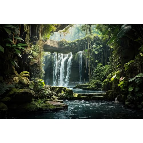 Waterfall Aquarium Background Nature Tropical Plants Tranquil Stream Fish Tank Background Rainforest Lush Green Trees Plants Stone Bridge Reptile Tank Enclosure Backgrounds Wallpaper 72x24in - color: Foggy Green, size: 72(W)x24(H)inches/ 180(W)*60cm(H)