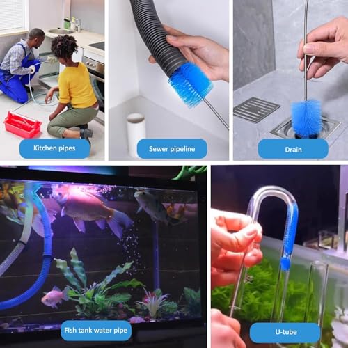 Drain Snake,Pipe Cleaners,Straw Brush,Toilet Bowl Cleaner,Long Bottle Brush,Straw Cleaner,tub Removal Tool,Fish Tank Pipeline Cleaning Brush(Two Tools 61inches)