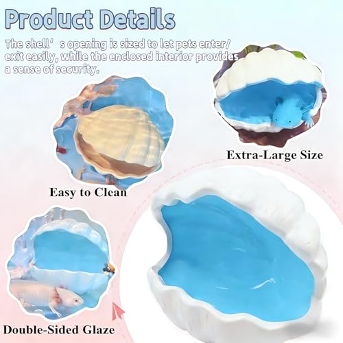 3Pcs Axolotl Tank Accessories, Hide Shell Shape Ceramic Fish Tank Cave, Silk Plants, Feeder Bowl, Fish Tank Decor Shelter for Small Pet Frog Fish Betta (Extra Large, Blue)