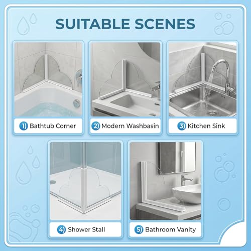 Silicone Shower Splash Guard, Clear, for Bathtub Corners, Washbasin Tubs, and Sinks, 2 Pack