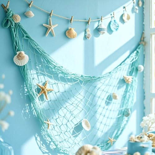 2 Pack Fish Net Decorations for Party, Natural Cotton Hawaiian Party Fishing Net Decorative, Nautical Themed Cotton Fishnet Under The Sea Pirate Ocean BeachHalloween Decor Blue - color: 2pack-blue