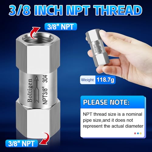 Boltigen Stainless Steel 304 3/8" NPT Spring Check Valve, 1000 PSI, -20C to 200C, Inline Poppet Check Valve for Horizontal, Vertical Installation - size: 3/8'' NPT