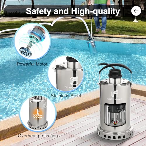 FLUENTPOWER 3/4HP Submersible Sump Pump, 3300GPH Stainless Steel Utility Water Pump, Manual Control with 26-Foot Cord for Pool Tub Garden Pond Basement Flood Cellar Draining - style: 3/4HP 3300GPH Stainless Steel