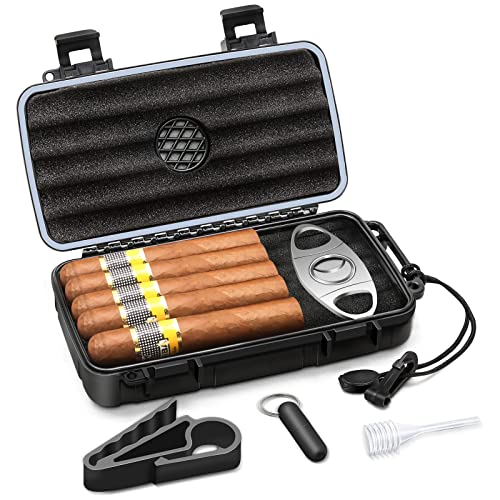 Flauno Travel Cigar Humidor Case - Portable Cigar Box kit with Humidifier Disc, Cigar Cutter, Cigar Punch, Cigar Holder & Dropper, Waterproof, Crushproof, Airtight (Holds up to 5 Cigars) - size: Holds up to 5 Cigars with Cigar Accessories