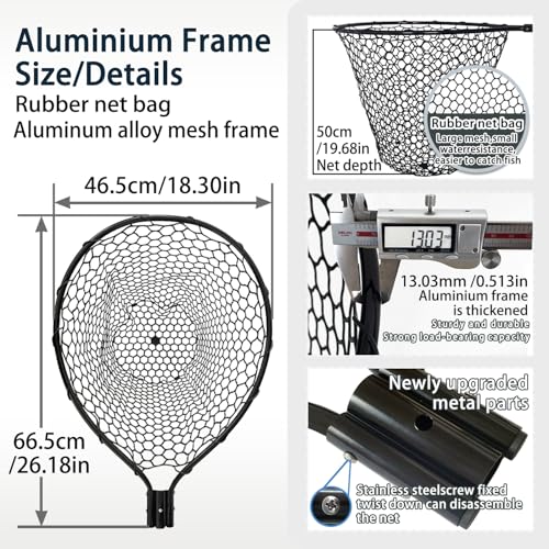 All Metal Telescoping Rubber Fishing Net with Handle Length: 59" Depth:19.7" Hoop: 26"x18" Large Silicone Fish Landing Net Pier/Kayak/Fishpond/Saltwater/Salmon Extendable Fishing Gear - color: Black with a Extra Replacement Net