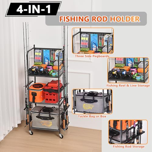 Heavy Duty Fishing Rod Rack, Fishing Organizer for Garage, Fishing Gear Holder for Garage with Movable Wheels - size: 10 Rods & Pegboard