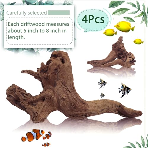 Tfwadmx Natural Driftwood for Aquarium Decor-4 Pieces 5-8" Assorted Driftwood,Fish Tank Drift Wood Decoration, Freshwater Wood Branches Ornament for Reptile Terrarium,Air Plants - size: Small: 5-8"（4Pcs）