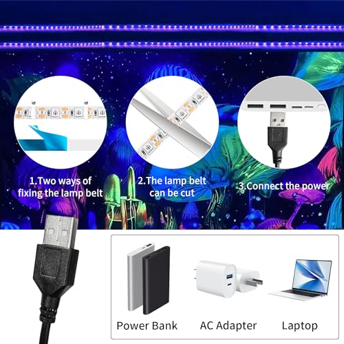 iNextStation UV Black LED Light Strip USB, 2M/6.6ft 5V SMD5050 LEDs 395nm-405nm Blacklight Strip for Fluorescent, 3D Print Curing, Computer Case, UV Poster, UV Body Paint, Room Décor - color: UV Black, size: With USB/6.6FT