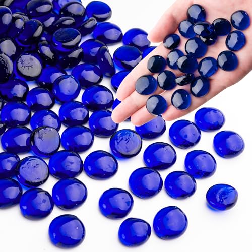 Blue Glass Marbles, 0.97 LB Transparent and Smooth Flat Glass Beads for Vases, Mosaic Gem Pebbles for Aquarium Decor, Floral Arrangements, Mancala Stones, Vase Filler and Crafts (Approx. 80-100 PCS) - color: Blue