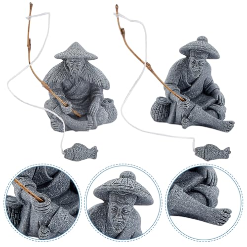WEBEEDY 3 Styles Mini Fisherman Figurine Old Man Statues Zen Decoration,Chinese Sitting Fishing Sandstone Vintage Ornament for Aquarium Fish Tank Fairy Zen Garden Micro Landscape Flower Pot Decor