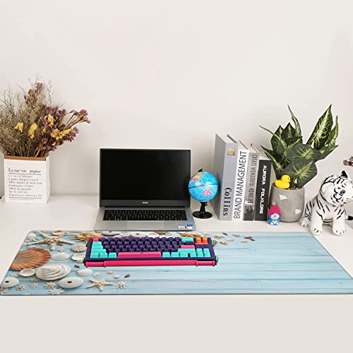 Shells on Blue Wood Large Mouse Pad Extended Gaming Mouse Pad Waterproof Desk Mat with Stitched Edge,Non Slip Base Keyboard Mouse pad for Home Office 35.4" X 15.7" - color: Shells on Blue Wood