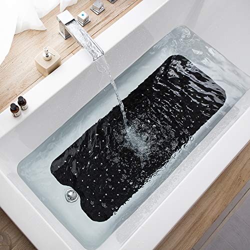 TEESHLY Bathtub Mats for Shower Tub, Extra Long Non-Slip 39 x 16 Inch Bath Mat with Drain Holes and Suction Cups, BathMat for Bathroom with Machine Washable (Opaque Black) - color: Opaque Black