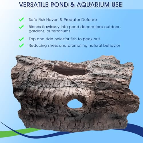 Faux Log Fish Cave, Fish Hide & Aquarium Cave for Koi Pond Decor All-Weather Predator Protection Shelter Durable Pond Decorations for Ponds, Aquariums and Terrariums