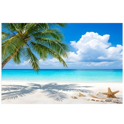 Summer Beach Aquarium Background 24x36 Inch Self-Adhesive Fish Tank Decorations, Tropical Coastal Palm Tree Starfish Conch Decorative Fish Tank Background Polyester Aquarium Decor Poster - size: 24x36in