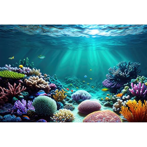 Coral Reef Aquarium Background Deep Blue Ocean Underwater Marine with Sunbeams Terrarium Background Colorful Exotic Corals Tropical Fish Tank Backdrop Poster Wallpaper Decorations Vinyl 24x12in - color: Purple Orange, size: 24(W)x12(H)in