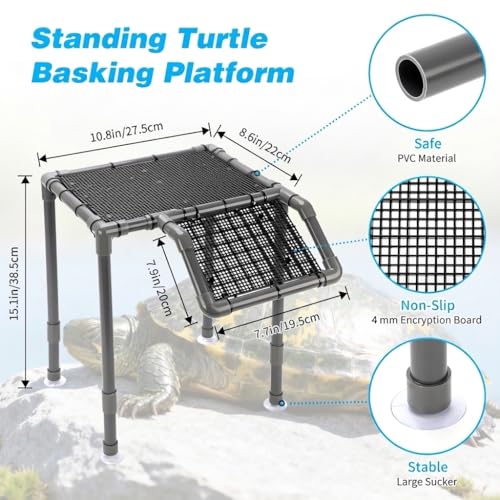 SKARUS Large Standing Turtle Basking Platform with Ramp(6.49"-15.16" H), 10.8" ×8.6" Turtles Docks Aquatic Resting Area, DIY Turtle Tank Accessories for 20–55 Gallon Tanks - color: Grey, size: 10.8"W