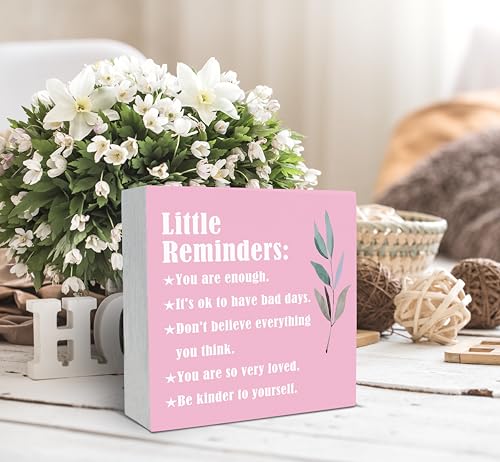 SRADMO Inspirational Little Reminders Wood Box Sign Desk Decor, Inspirational Desk Decor, College Motivational Positive Affirmation Gifts Box Sign For Office Home Dorm Tabletop Decoration(Pink) - color: pink, size: 5″×5″