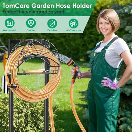 TomCare Garden Hose Holder Upgraded Water Hose Holder Heavy Duty 4 Spikes Hose Hanger Holds 160 Feet Hoses Stable Freestanding Hose Storage Organizer for Outside Yard - color: Matte Black