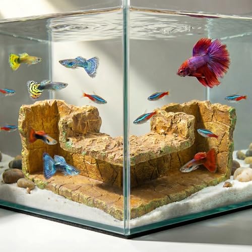 Aquarium Cave - Natural Resin Rock-Like Fish Tank Decorations & Accessories, 5.1” x 2” x 2.7” Safe Betta Hide & Tunnel for Guppy, Neon Tetra, Corydoras Catfish - Tank Decor - color: Rock Yellow