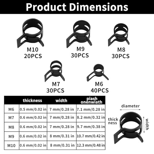 152 Pcs Fuel Line Clamp, Spring Clamps, Fuel Line Clips, Spring Hose Clampss, sSpring Band Hose Clamps Assortment Kit for Silicone Vacuum Hoses Air Tube Water Pipe Clips(6mm/7mm/8mm/9mm/10mm, Black) - color: Black