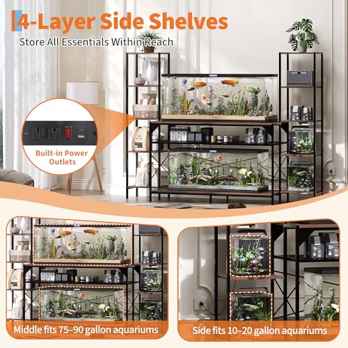 Garvee 20-90 Gallon Fish Tank Stand ,Aquarium Stand with Power Outlet,Heavy-Duty Reptile Terrarium Stands with 12-Leg Support and 4-Tier Storage Shelves,Fish Tank Table Aquarium Table,Load 860lbs - color: Dark Brown