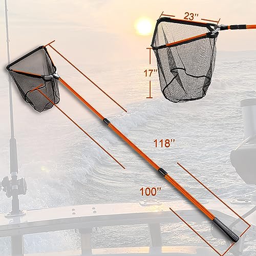 Fiblink Folding Aluminum Fishing Landing Net Fish Net with Extending Telescoping Pole Handle - style: Orange--extend Length: 59-118 Inches