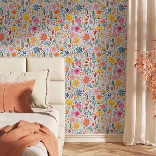 Colorful Fairy Flowers Garden Wildflower Pink/Yellow/Gree/Blue Peel and Stick Wallpaper Wall Decor Self Adhesive Wall Paper Stick on Easy Peel Off Contact for Renter Apartment - color: Fairy Colorful Garden, size: 17.7" x 236"