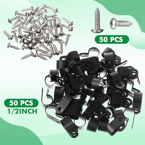 Hicarer 50 Pack R-Type Cable Clip Wire Clamp, Nylon Screw Mounting Cord Fastener Clips with 50 Pack Screws for Wire Management (Black, 1/2 Inch) - color: Black, size: 1/2 Inch