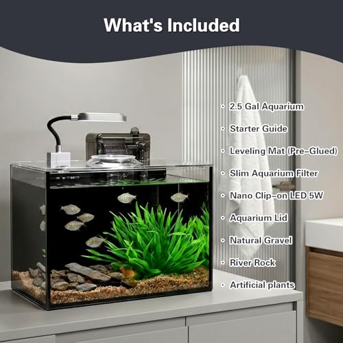 2.5 Gallon Nano Aquarium Kit, Glass Small Fish Tank Starter Kit with Light, Filter, Gravel Rock,Lid. Ultra Clear Rimless Desktop Fish Tank for Small Fish,Betta,Shrimp.Complete Version, Black - size: 2.5 Gallon (Complete Kit) ﻿