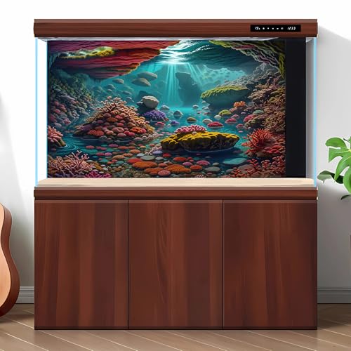 Under The Sea Aquarium Background Underwater Scene Tropical Corals Fish Tank Background Deep Ocean Sea Colourful Reefs Cave Sunray Aquarium Tank Backgrounds Ocean Seabed Life Backgrounds 24x12in - color: Red_Brown, size: 24(W)x12(H)inches/ 60(W)*30cm(H)
