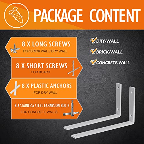 CLT White Shelf Bracket, 8” X 4.3” Quarter Inch (1/4") Thick- Max Load: 440 lb Rustic Industrial Modern Farmhouse Heavy Duty Cold Rolled Steel Bracket for Table Bench, Space Saving DIY, Pack of 4 - size: 8 inches, style: White L Bracket
