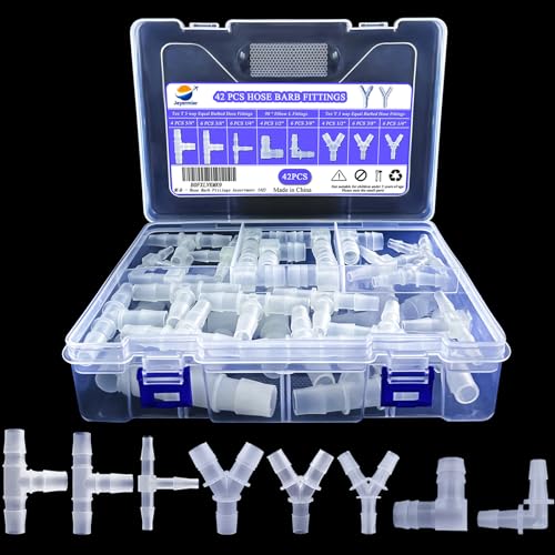 42PCS Plastic Hose Barb Fittings, T/Y Shaped Aquarium Airline Tubing Connectors, 90 ° Elbow Barbed Hose Fittings, Barb Joint Splicer Mender Adapter Union for Low-pressure air, aquarium aeration.