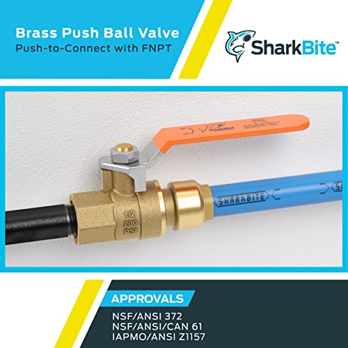 SharkBite 1/2 x 1/2 Inch Ball Valve with FNPT Connector, Push to Connect Brass Plumbing Fitting, PEX Pipe, Copper, CPVC, PE-RT, HDPE, 22182-0000LF