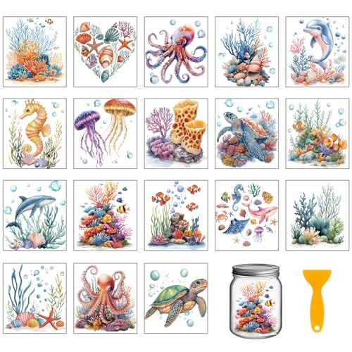 GLOBLELAND 18 Sheets Marine Life Transfer Stickers 3.9x3.6inch Colorful Sea Turtle Octopus Jellyfish Dolphin Home Decals Cup Transfer Decals for Furniture Vase Glass Art Crafts Decorations - style: Marine Life
