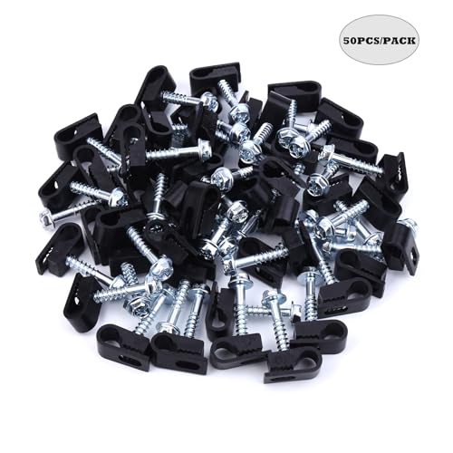 Cable Clips with Screws Fastener 1/4 Inch (6 mm) - All Weather Wire Clips for Coaxial, Ethernet,Electrical Cables,Brick/Stucco Siding Clips, UV-Resistant for Outdoor Wall Mount,50 Pack,Black - color: Black, size: 50PCS/PACK