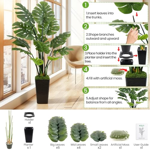 UPBUD Artificial Monstera Deliciosa Plant, 5FT Fake Monstera Tree with 12 Lifelike Leaves & Black Pot, 60in Tall Faux Floor Trees Fake Plants for Indoor Office Porch Living Room Windowsill Decor - color: Green Leaves Black Planter