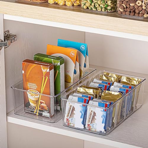 Vtopmart 4 Pack Food Storage Organizer Bins, Clear Plastic Bins for Pantry, Kitchen, Fridge, Cabinet Organization and Storage, 4 Compartment Holder Packets, Snacks, Pouches, Spice Packets - style: 4pack