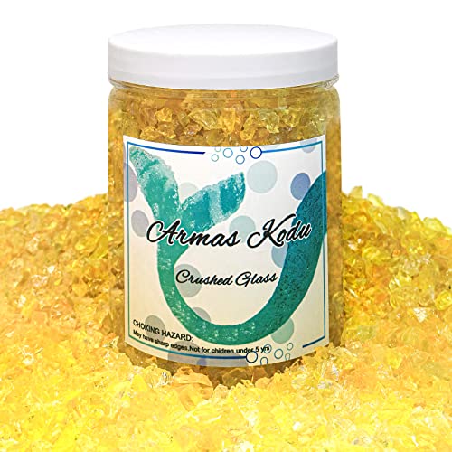 1.5 lb Yellow Crushed Glass for Resin Art and Crafts, 3-6mm Chunky Broken Glass Pieces, Solid Color Irregular Shards for Geode, Vase Filler, Aquarium Decor & DIY Crafts - color: Yellow