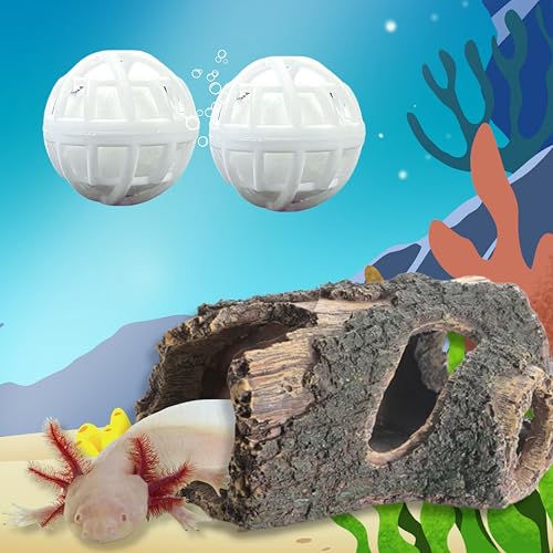 1pcs Axolotl Hides for Aquarium with 2pcs Nitrifying Ball Set, Driftwood Axolotl Cave Hideout and Aquarium Filter Balls, Fish Tank Decor, Shelter for Small Pet Frog Fish Betta (Resin Driftwood, M) - color: Resin Driftwood, size: M