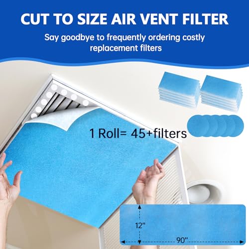 Air Vent Filters 12"x90",2Roll Cut to Fit Air Filter(up to 120 filters),MERV 8 Triple Filtration Electrostatic Vent Filter Material for AC, HVAC Furnace, Mobile Home-Includes 48 Adhesive Hook Tape - style: 12" x 90"(Blue)x2Rolls