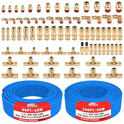 CheeMuii 76 PCS Brass DOT Air Line Fittings with 100FT 1/4" and 50FT 3/8" Blue DOT Air Lines Kit Push Lock Air Line Quick Connect Fittings with Pneumatic Tubing Set - size: 2ROLL-80PCS-BLUE