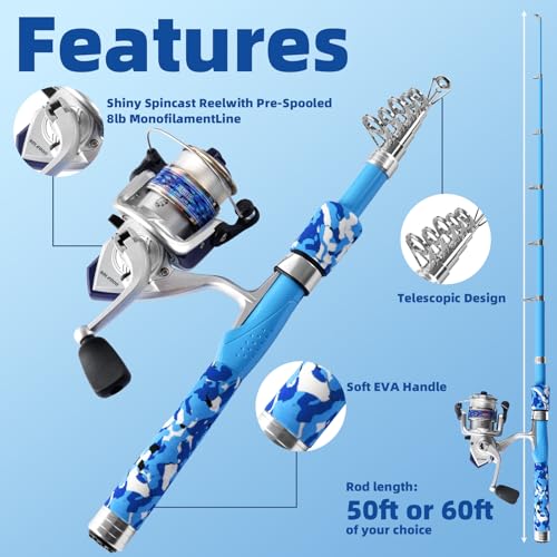 Portable Fishing Spinning Rod and Reel Combo Set with Telescopic Fishing Pole Fishing Carrier Bag Lures Line for Travel Saltwater Freshwater - color: Blue, size: 1.7M/66.9inch/5.57ft