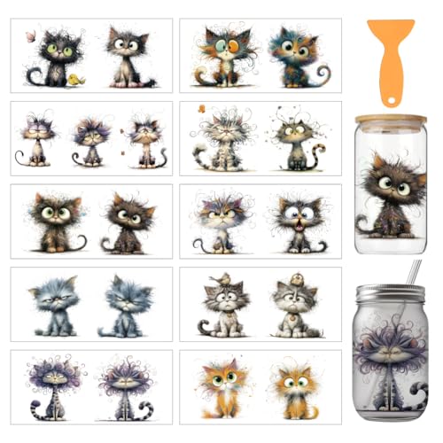 arricraft 10 Sheets Animal Cats UV DTF Cup Wrap for 16OZ Glass, Cute Cats Rub on Decals PVC Transfer Stickers for DIY Cups Wood Funiture 24x11cm/9.4x4.3inch - style: Cute Cats Theme