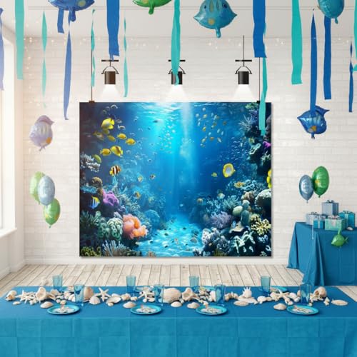 Under The Sea Backdrop 12x8ft Ocean Backdrop Underwater World Colorful Tropical Fish Coral Aquarium Deep Sea Sunlight Photography Background Birthday Under The Sea Party Decorations Photo Props - color: Blue2, size: 12x8ft