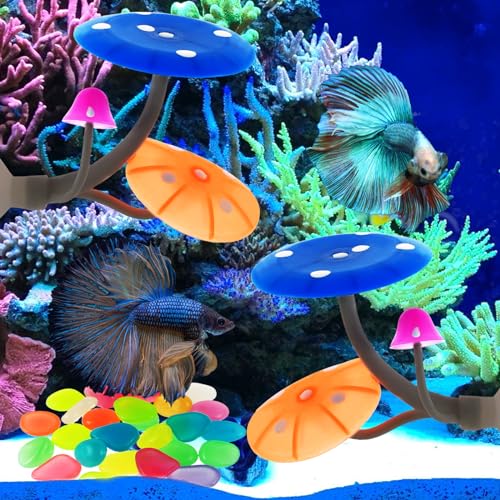 2Pcs Betta Fish Mushroom Hammock with 30 Luminous Stone Soft Silicone Aquarium Rest Bed with Suction Cup Colorful Lifelike Mushroom Tank Decor Fish Breeding Playing Pad for Aquarium Fish Tank(Blue)